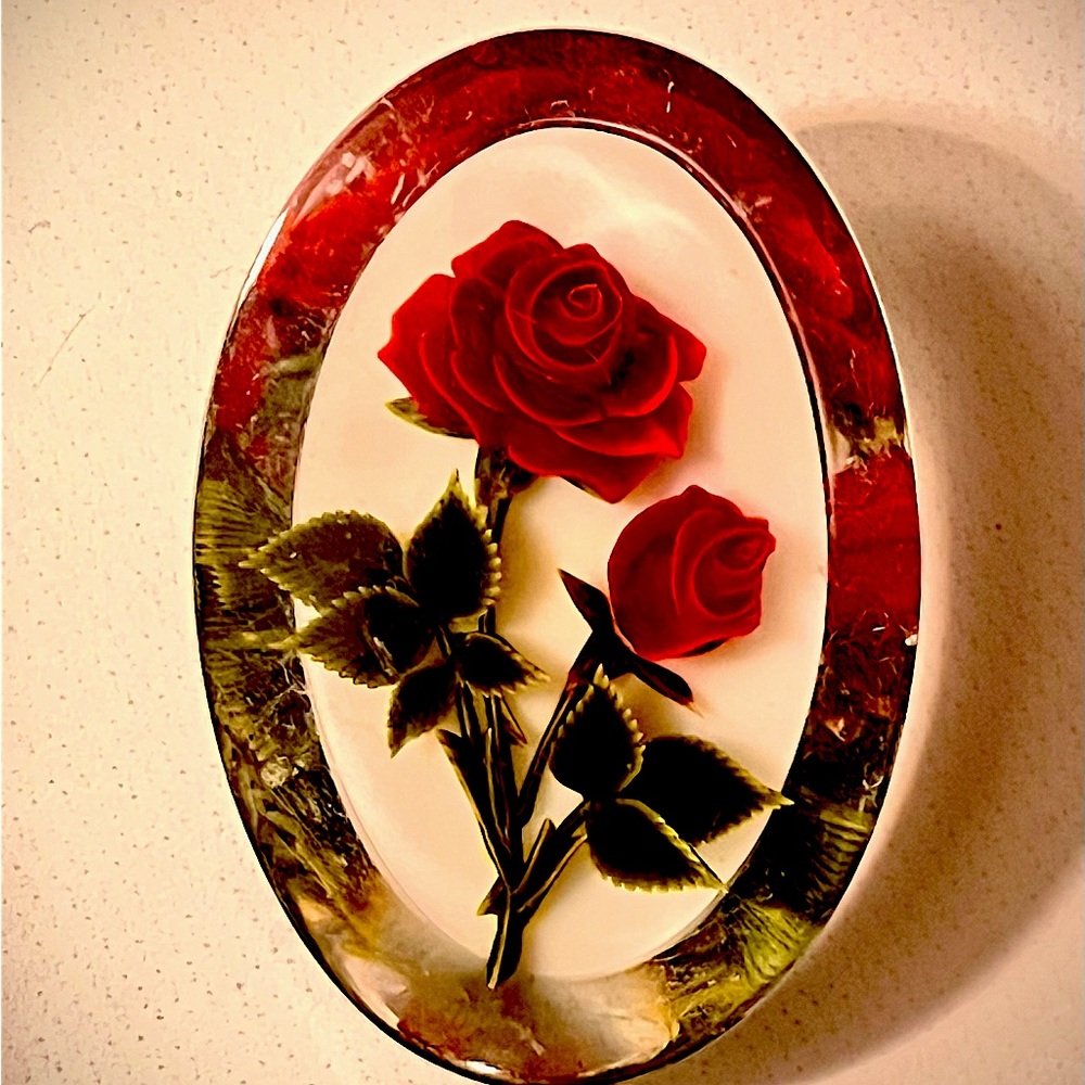 Vintage 1950’s hand-carved red rose lucite brooch.